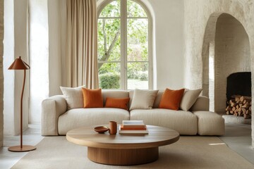 Minimalist living room, bright natural light white walls soft beige sofa orange cushions