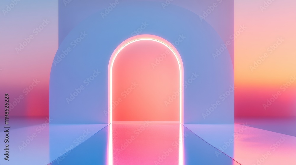 Poster abstract 3d render of neon glowing archway with pastel gradient background.