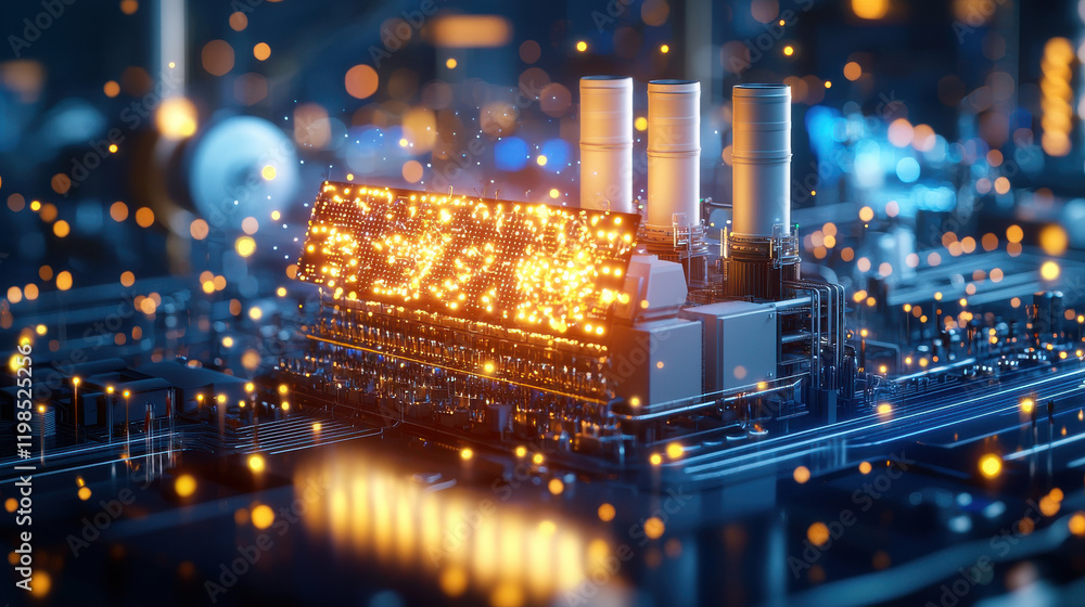 Fototapete high resolution image of hybrid power plant with glowing circuits and vibrant lights, showcasing adv