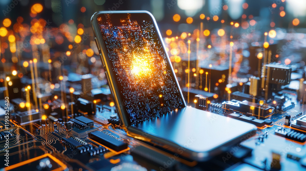 Aufkleber high resolution image of mobile device on circuit board, showcasing vibrant digital patterns and glowing lights, symbolizing technology and innovation