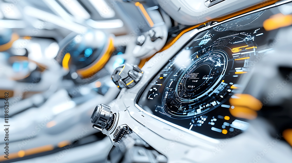 Poster advanced spacecraft control interface futuristic space station digital display high-tech environment
