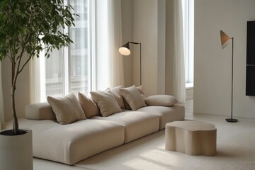 Minimalist living room modern interior design neutral color palette cozy beige sofa