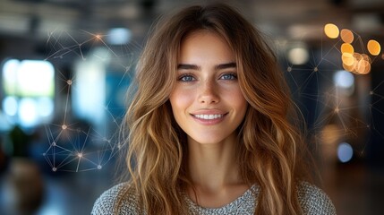 Portrait of a smiling woman with long hair in a modern, softly lit interior, with abstract digital elements