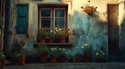 The front of an old house with flowers in pots on the windowsill, plants and flowers blooming in small terracotta pots on the street, sunny day, photo taken from behind, natural light