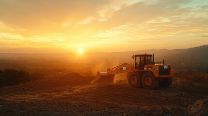 Fototapeta premium Bulldozer sunset landscape construction site