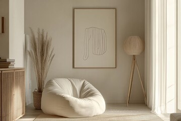 Minimalist living room neutral color palette beige sofa cozy ambiance modern interior design, natural light, pampas grass decor