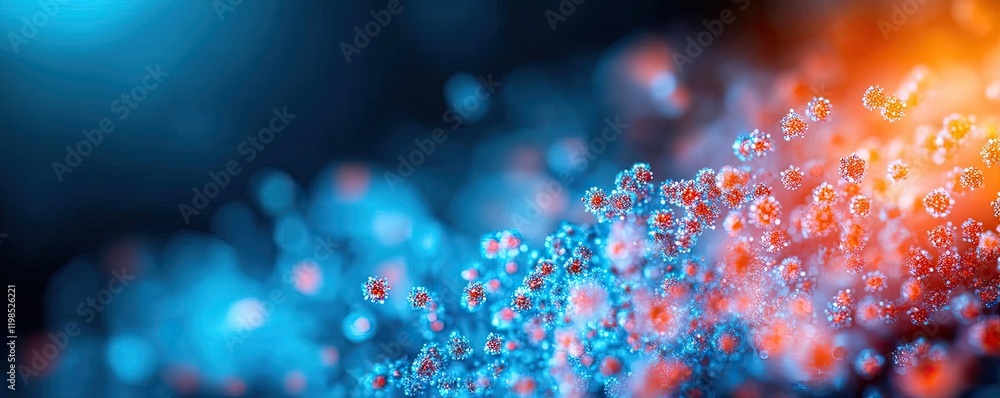 Poster Dust pollution concept. Close-up view of colorful microscopic cells in a vibrant, abstract background.