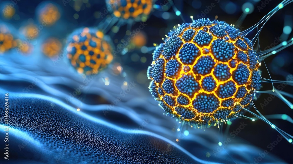Aufkleber Dust pollution concept. Close-up view of vibrant, glowing cells showcasing intricate patterns and structures.