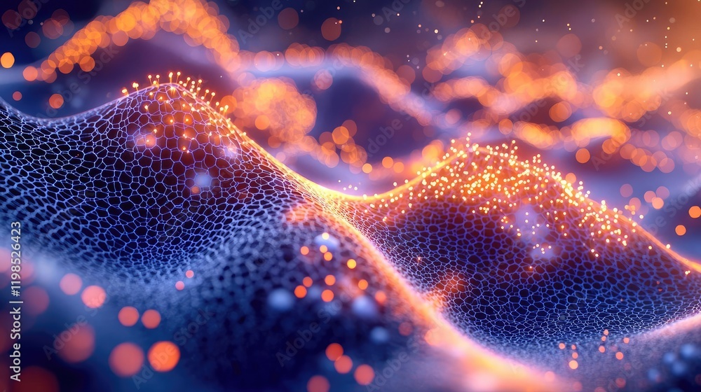 Poster Dust pollution concept. Abstract digital waves with glowing particles creating a mesmerizing effect.