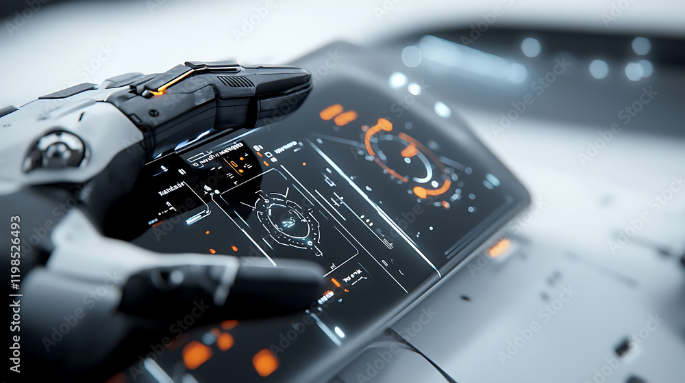 Poster futuristic robotic interface high-tech laboratory digital display sleek environment close-up view in