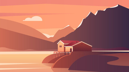 Minimalistic landscape with a house near a mountain lake at sunset. Vector illustration of a Scandinavian landscape in pastel colors © creativist_ai