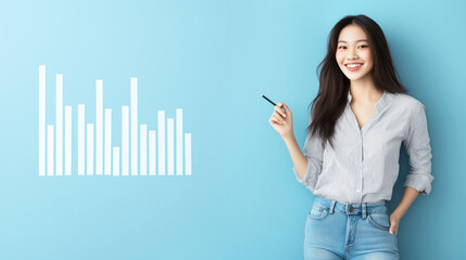 Asian female young adult presenting data visualization on blue background