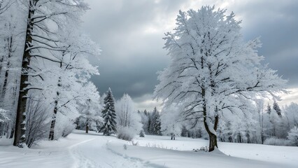Fototapeta premium Winter of forest with snow covered trees 