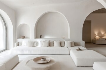 Minimalist modern living room white color scheme sleek sofa with cushions