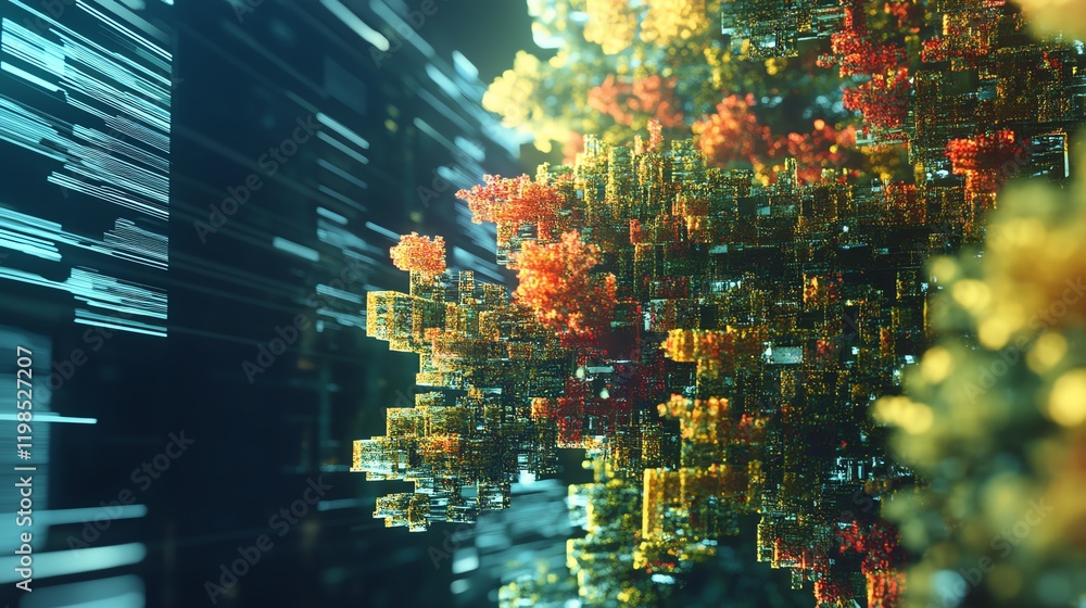 Poster digital landscape featuring intricate structures in vibrant colors with a futuristic background duri