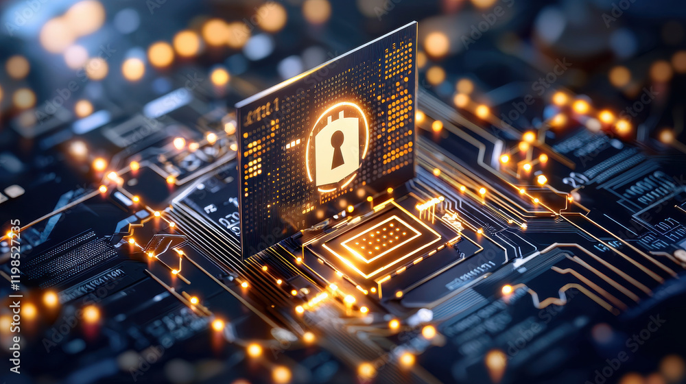 Poster Secure digital banking concept with lock symbol on circuit board, representing cybersecurity and data protection in financial transactions
