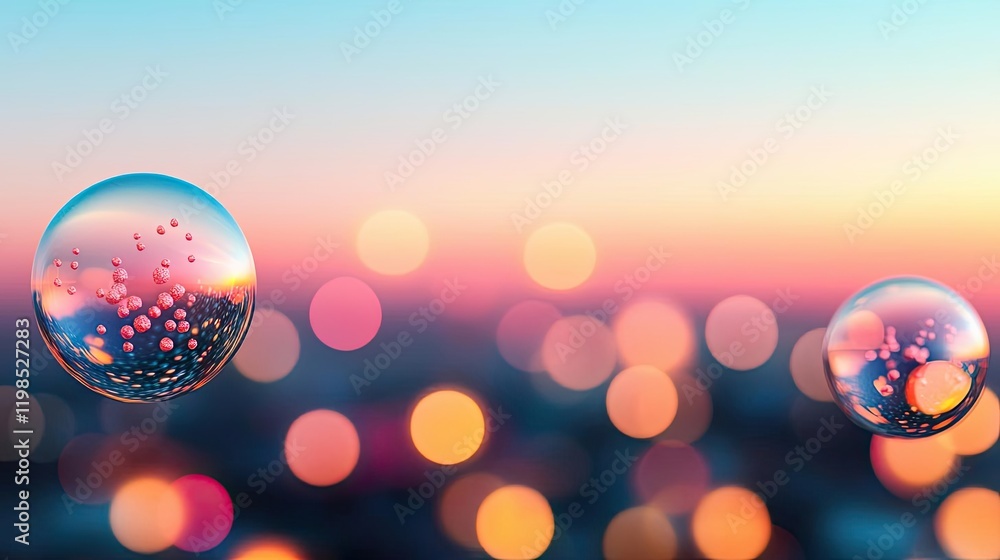 Poster dust pollution concept. colorful bubbles floating gracefully against a vibrant sunset bokeh backgrou