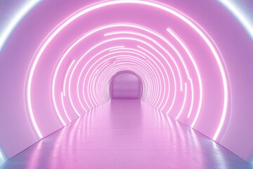 Obraz premium Pink neon tunnel with glowing circular lines and reflective floor.