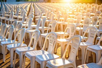 Fototapeta premium Close-Up Aerial View of Row of White Plastic Chairs
