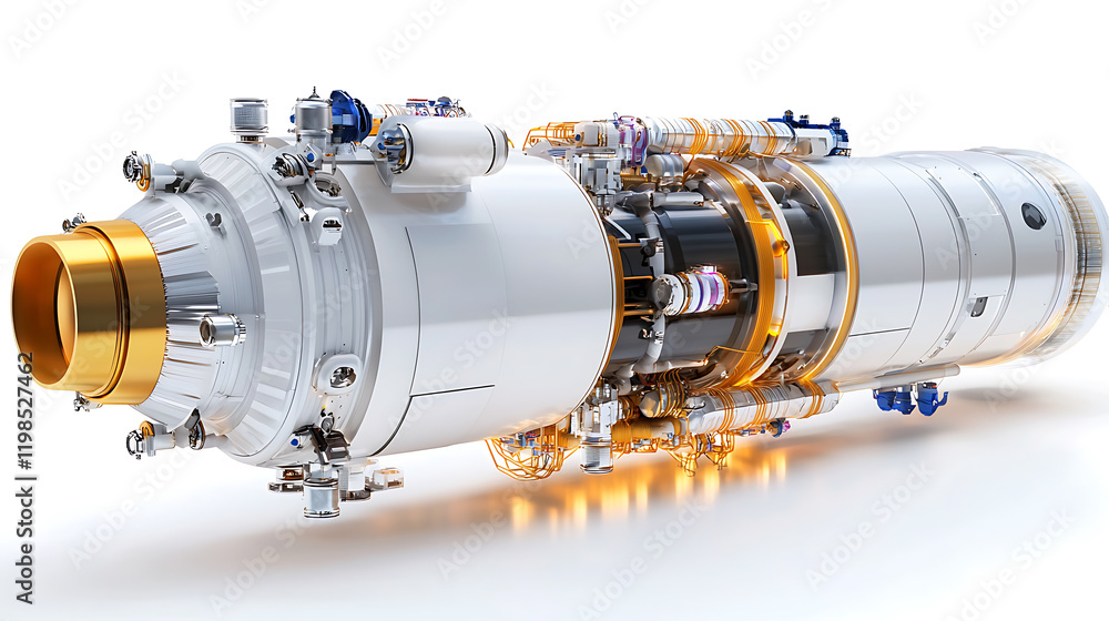 Poster rocket engine development aerospace lab 3d model high-tech environment close-up view innovation conc