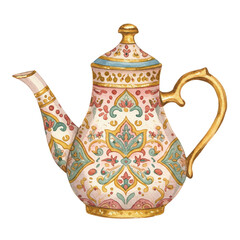 Elegant Watercolor Teapot Pink Gold Design Floral Pattern Antique Teapot Illustration Vintage Teapot Decor Art