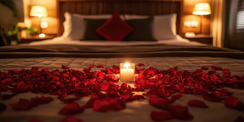 valentines day bed decorated with rose petals and candles