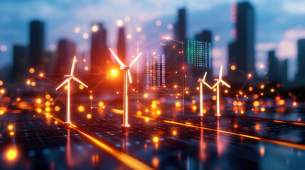 Fototapeta premium High resolution image of smart energy grid featuring wind turbines, digital data, and city skyline. scene illustrates renewable energy technology and urban development