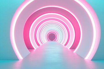 Fototapeta premium Pink and blue neon light circles tunnel.
