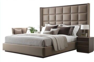 Modern bedroom minimalist design soft neutral colors, floor-to-ceiling windows with sheer curtains