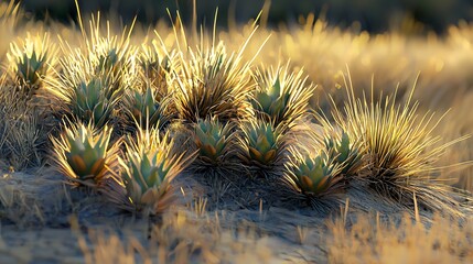 Desert plants illuminated by the warm glow of the setting sun. A captivating display of nature's beauty in a desert landscape.