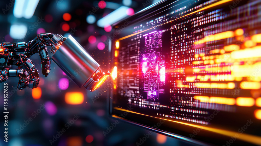 Poster robotic arm interacts with digital screen, showcasing vibrant data streams and technology. This futuristic scene highlights innovation and advanced computing