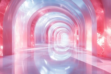 Fototapeta premium Pink and blue arched hallway with reflective floor.