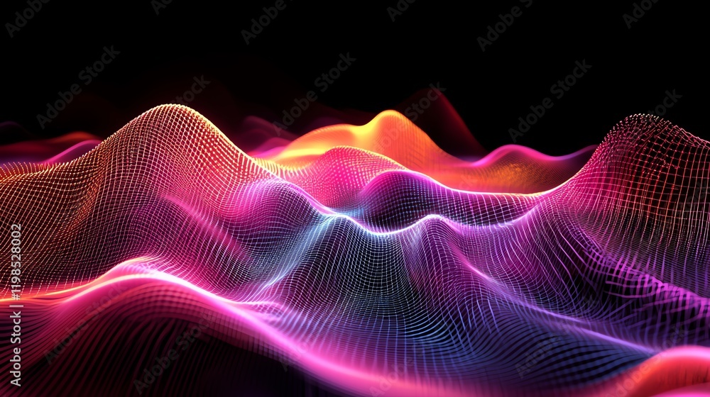 Poster colorful wave patterns create a mesmerizing digital landscape in an abstract representation of sound