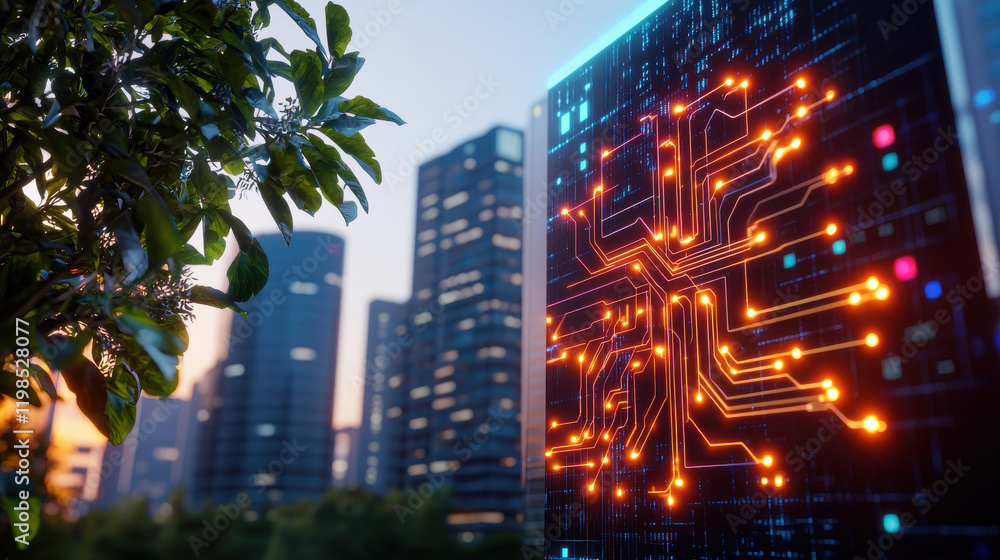 Poster futuristic cityscape with glowing circuit design on building, showcasing technology and nature. vibr