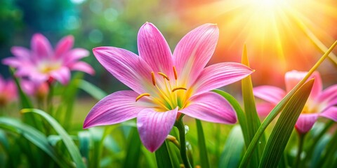 Fototapeta premium Close-up Fairy Lily Rain Lily Zephyranthes grandiflora Summer Garden Flower Bloom Macro Photography