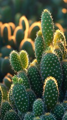 Close-up of cacti bathed in golden sunset light.  The vibrant green and sharp details highlight the beauty of desert flora.