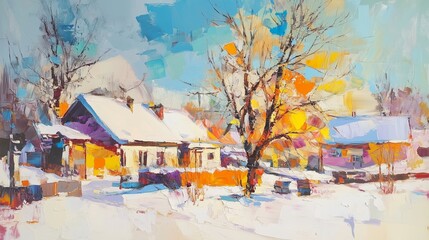 Trees, abstracts, houses, bright colors. Oil painting style is strong, light tone, light tone, abstract painting style, oil painting strokes.