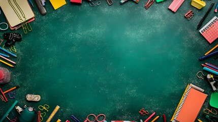 Back to school concept. Frame border made of school supplies on green background.