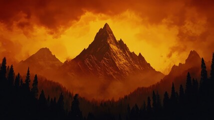 Obraz premium Fiery Mountain Landscape with Silhouetted Pine Forest at Sunset