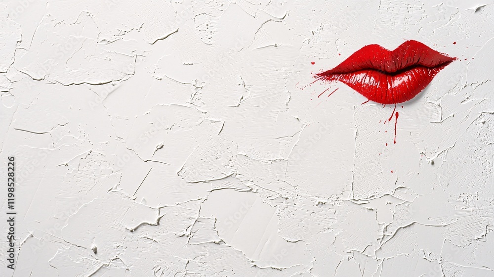 Poster a close-up view of a red lipstick kiss mark on white textured paper with ample blank space for text 