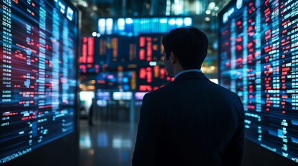 Obraz premium Business Professional Observes Stock Market Data in a Modern Trading Environment Filled With Digital Screens