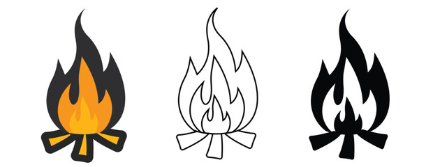 Fire flame icon set isolated on white background, perfect for mobile apps, web design, and UI projects.