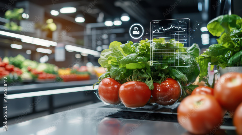 Aufkleber high tech supermarket display featuring fresh tomatoes and digital analytics. vibrant produce showca