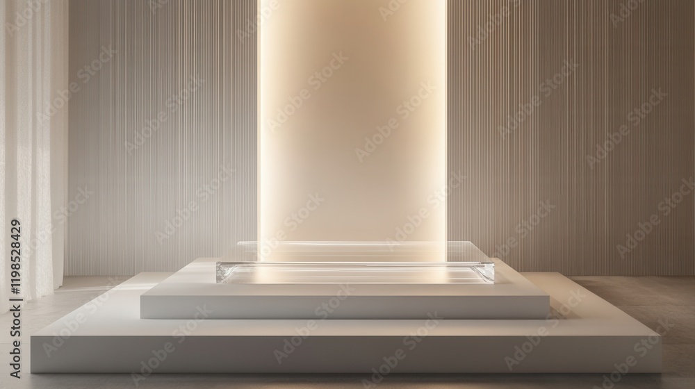 Poster minimalist product display platform with illuminated background, neutral tones.