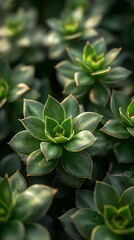 A captivating close-up of several lush, deep green succulents. The image showcases intricate details and textures, creating a serene and beautiful scene.