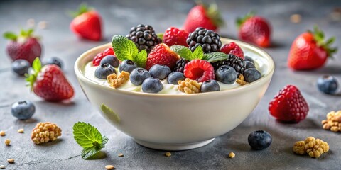 A delightful bowl of creamy yogurt topped with a vibrant medley of fresh berries, crunchy granola, and a sprig of refreshing mint.