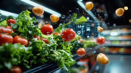 Futuristic supermarket scene with floating vegetables and digital interface. Fresh tomatoes, potatoes, and greens create vibrant atmosphere of innovation and technology