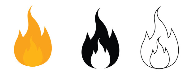 Fire flame icon set isolated on white background, perfect for mobile apps, web design, and UI projects.