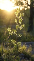 A young sapling basks in the warm glow of a setting sun, its leaves illuminated, creating a serene and peaceful scene.