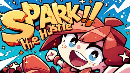 Obraz premium Spark Hustle Energetic Cartoon Girl Powering Up with Bright Colors and Dynamic Text